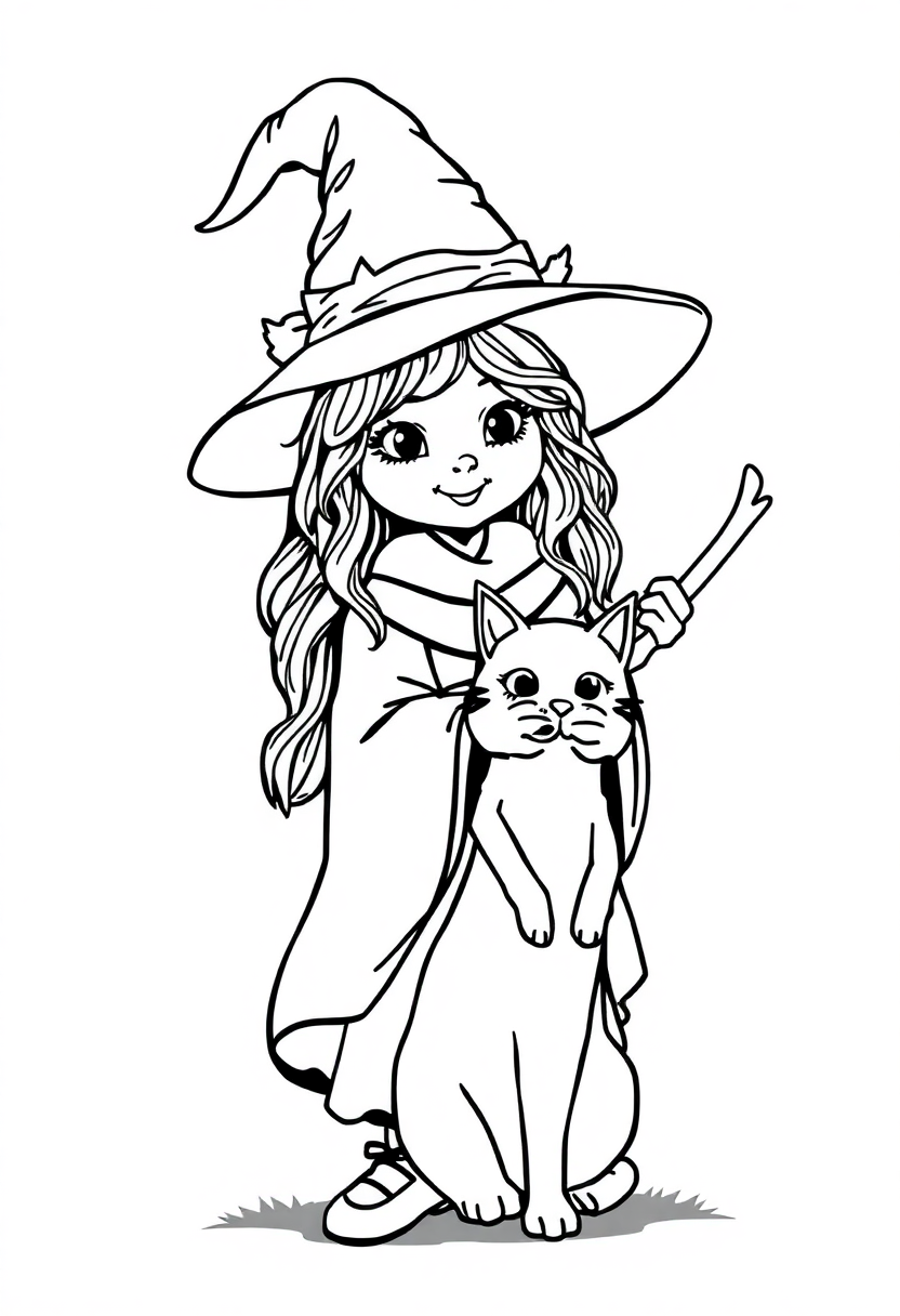 Cute Witch with Cat Familiar coloring page, free printable