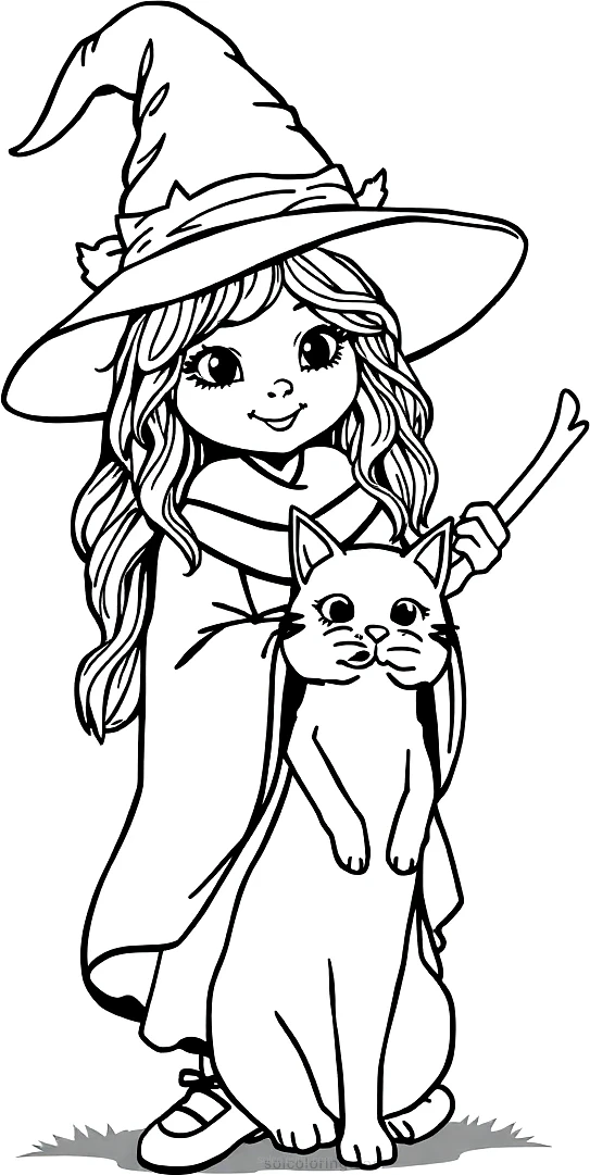 Cute Witch With Cat Familiar coloring page for kids