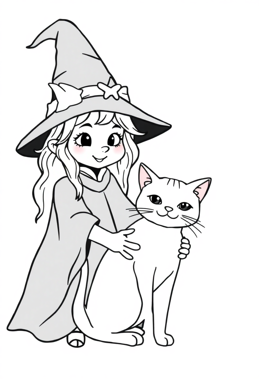 Cute Witch With Cat Familiar coloring pages