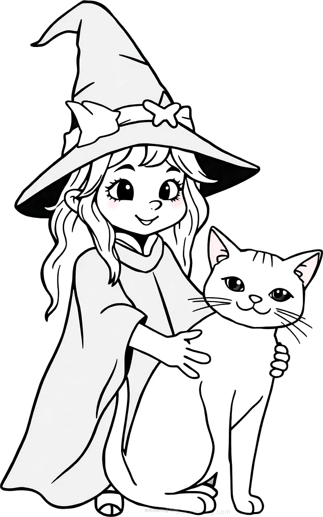 Cute Witch With Cat Familiar coloring page for kids