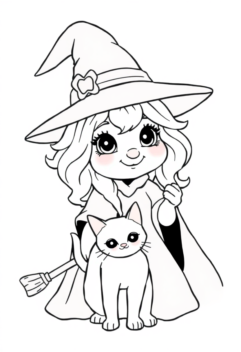 Cute Witch with Cat Familiar coloring page, free printable