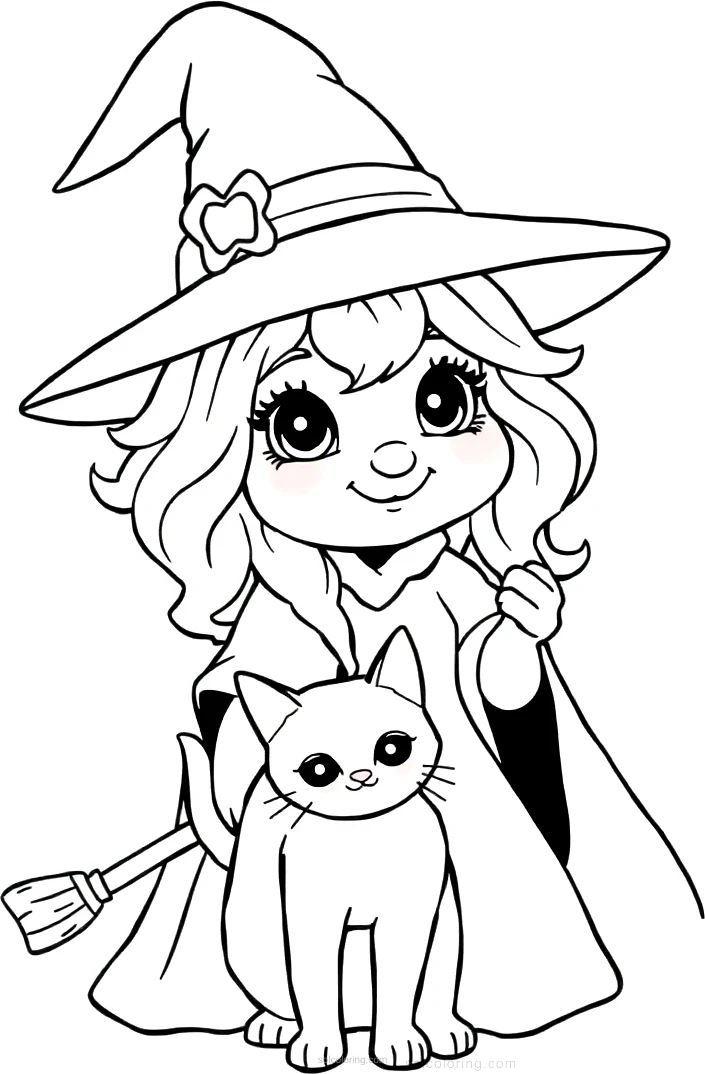 Cute Witch with Cat Familiar coloring page for kids