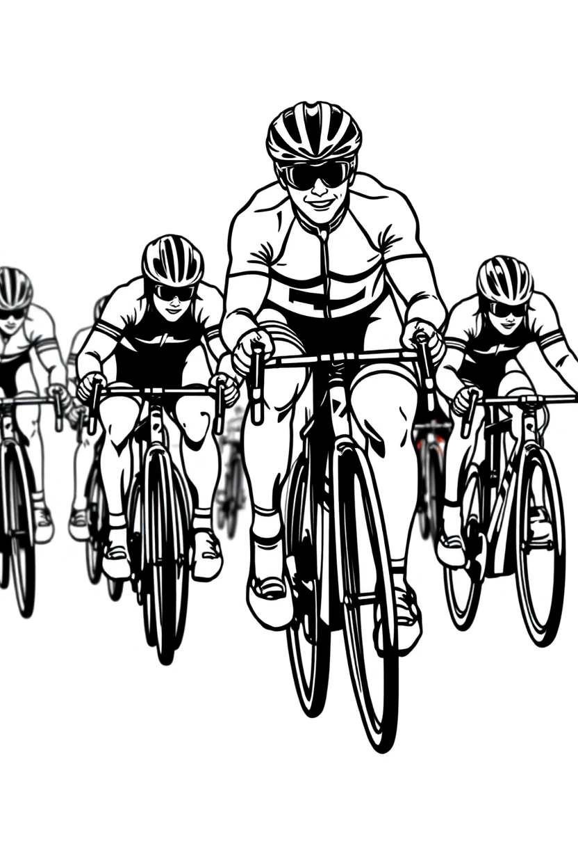 Cycling champion racing coloring page showing athlete on bicycle with bold outlines for easy coloring