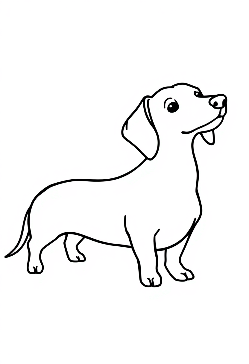 Simple dachshund coloring page showing a cute wiener dog with bold outlines in hot dog shape, perfect for kids to color