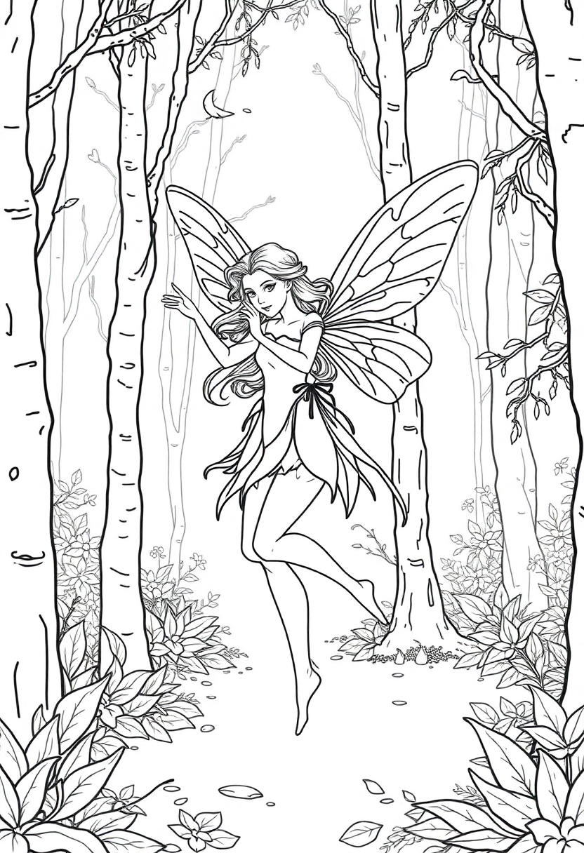 Dancing Fairy in Forest coloring page, free printable
