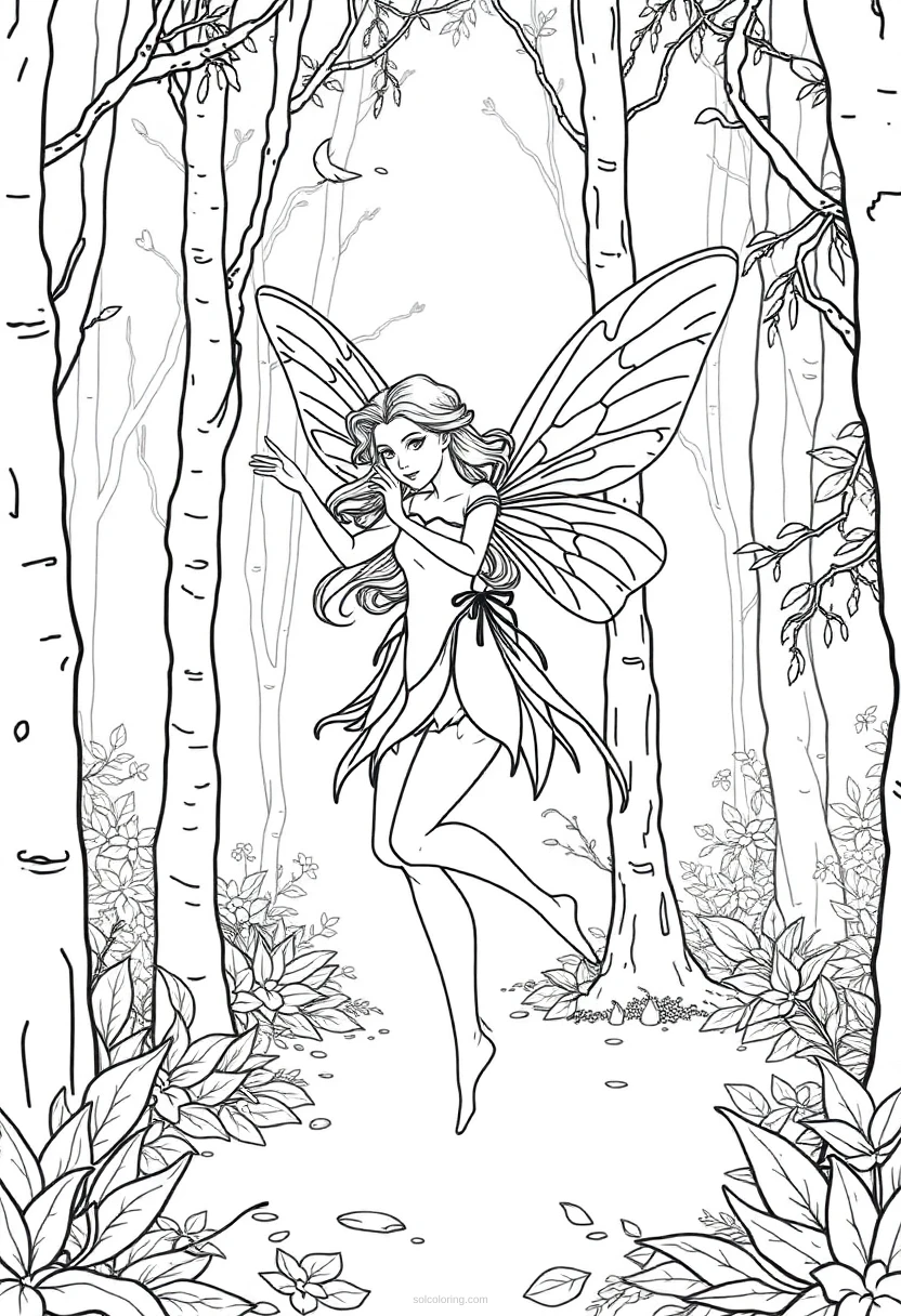 Dancing Fairy in Forest coloring page for kids