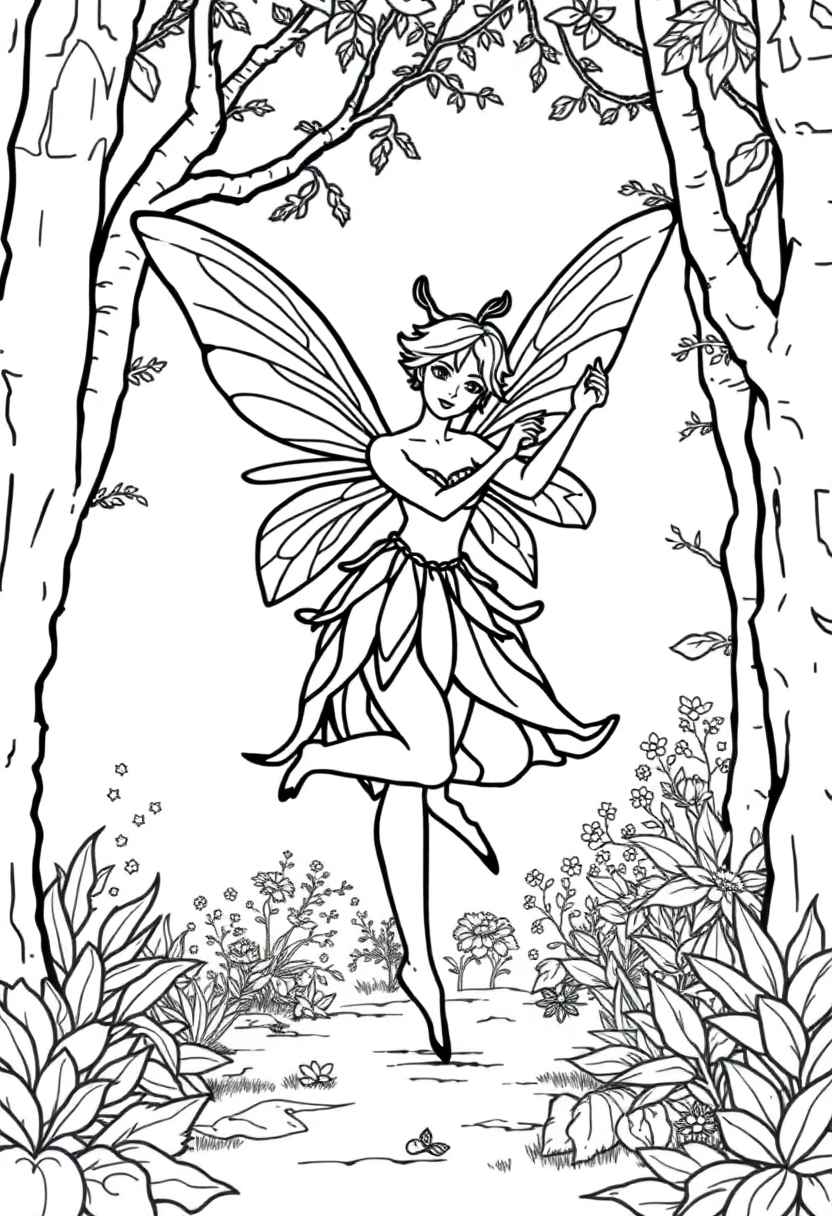 Dancing Fairy in Forest coloring page, free printable
