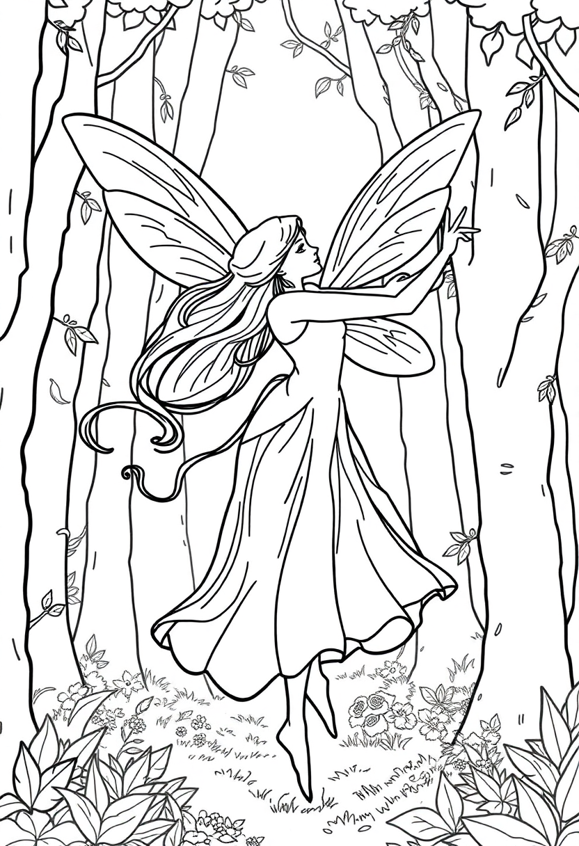 Dancing Fairy in Forest coloring page, free printable