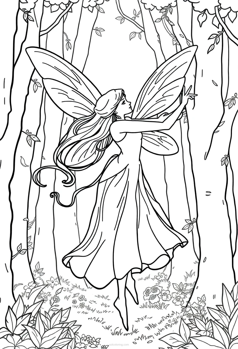 Dancing Fairy in Forest coloring page for kids