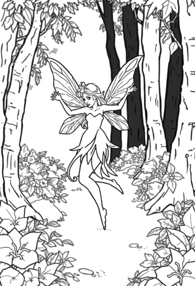 Dancing Fairy in Forest coloring page, free printable