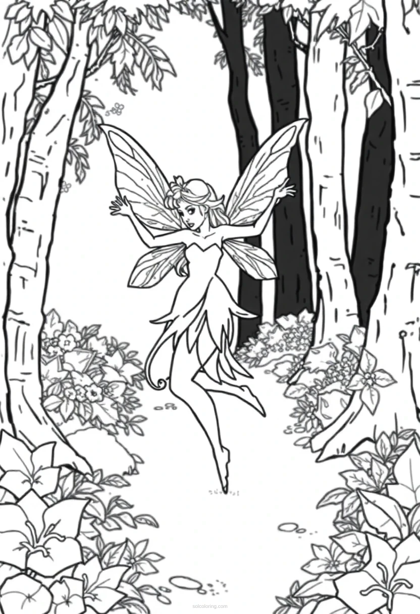 Dancing Fairy in Forest coloring page for kids