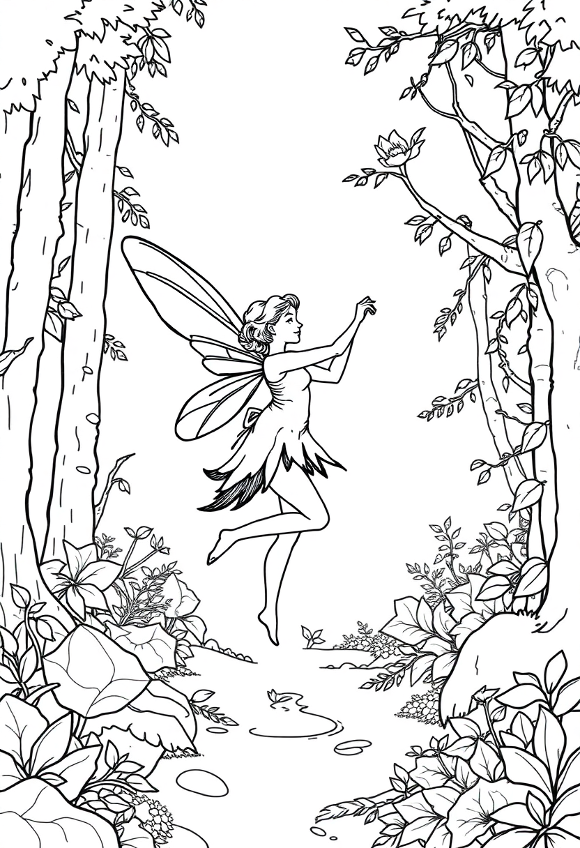 Dancing Fairy in Forest coloring page, free printable