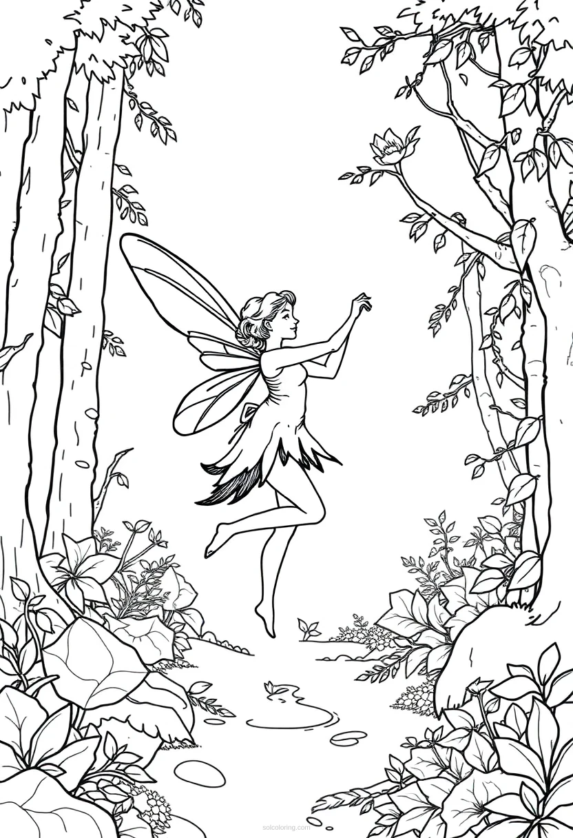 Dancing Fairy in Forest coloring page for kids