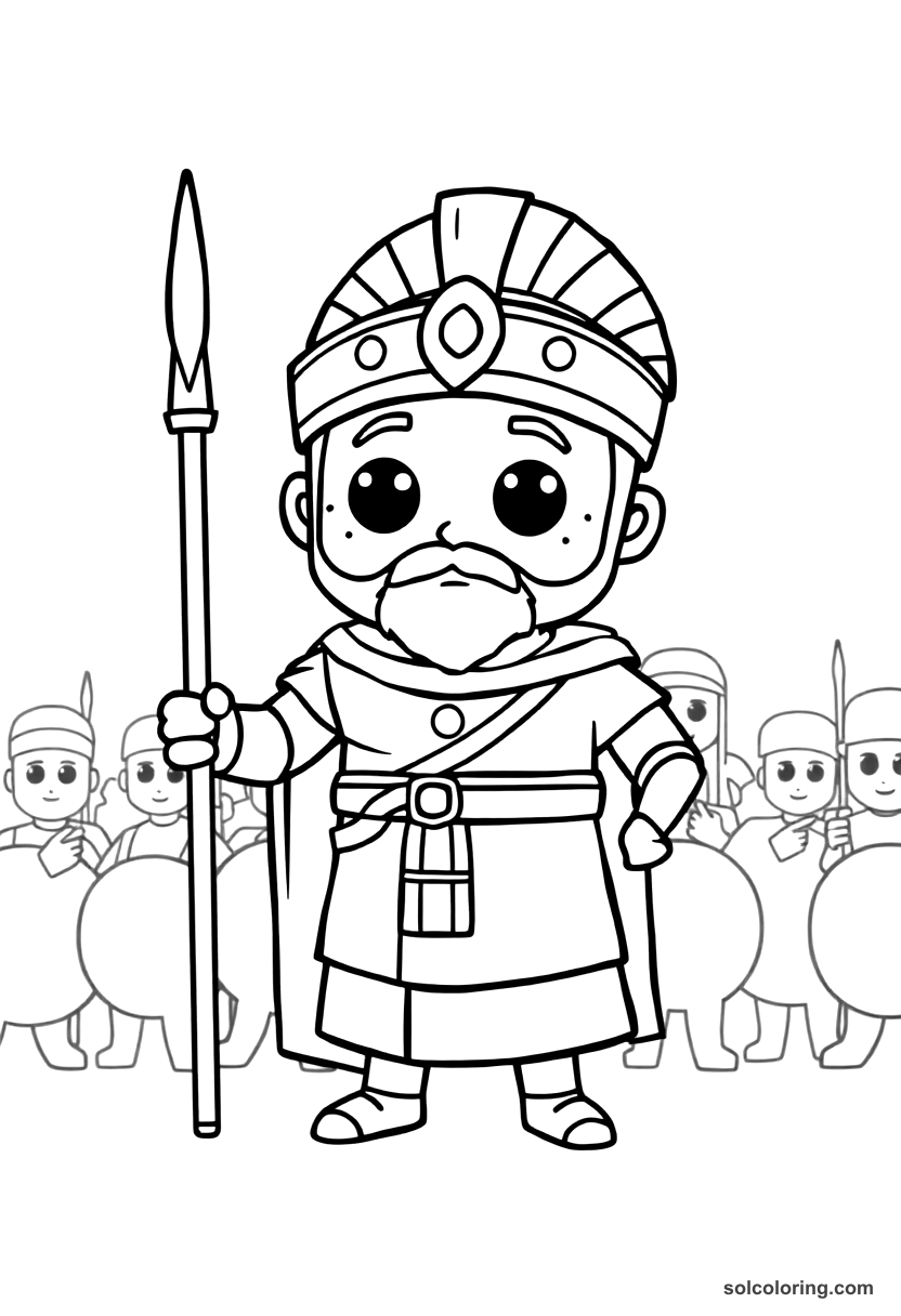 Cute Cartoon Darius I Inspecting His Army coloring page, free printable cute cartoon style