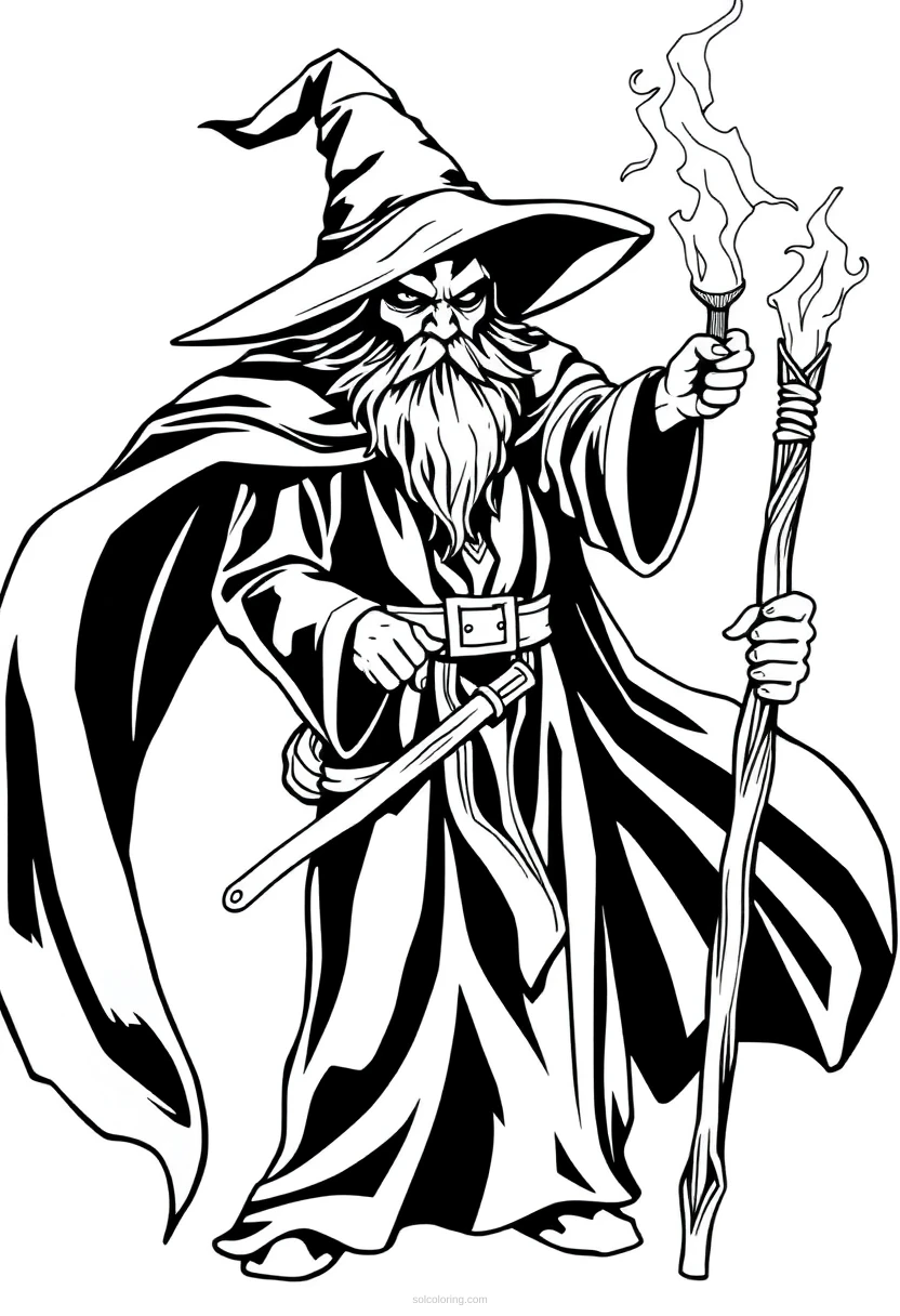 Dark Wizard with Magic Staff coloring page for kids