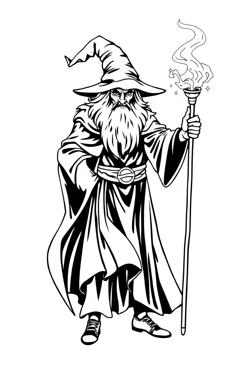 Dark Wizard with Magic Staff coloring page, free printable