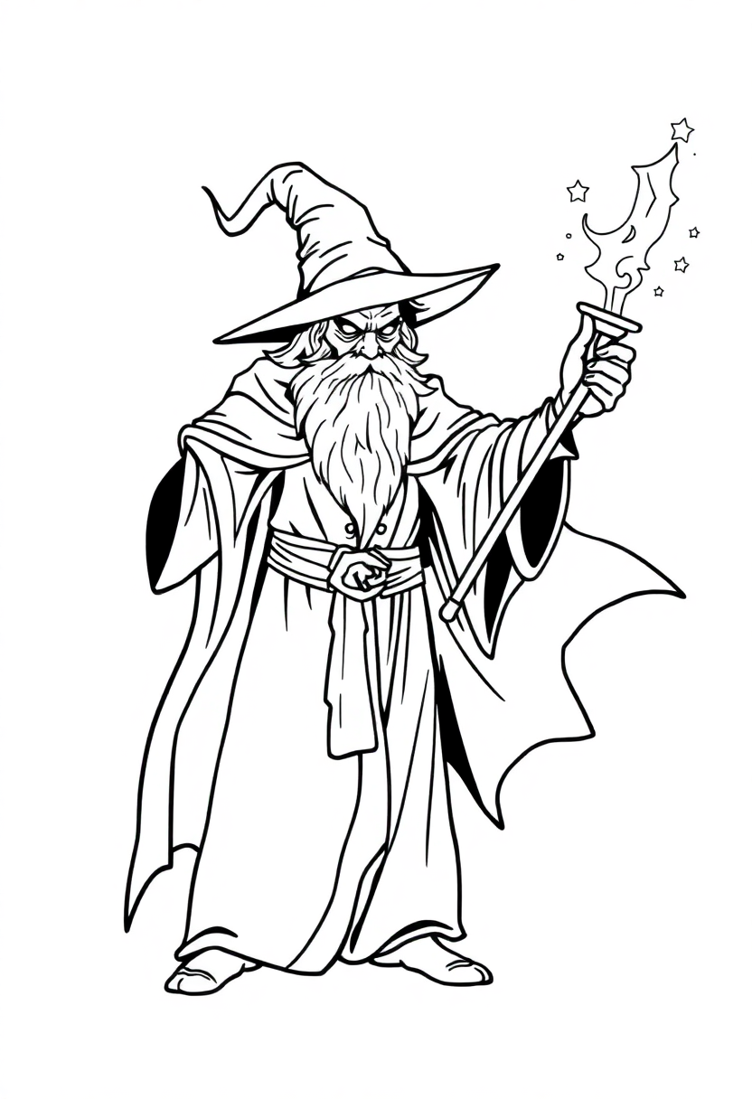 Dark Wizard with Magic Staff coloring page, free printable