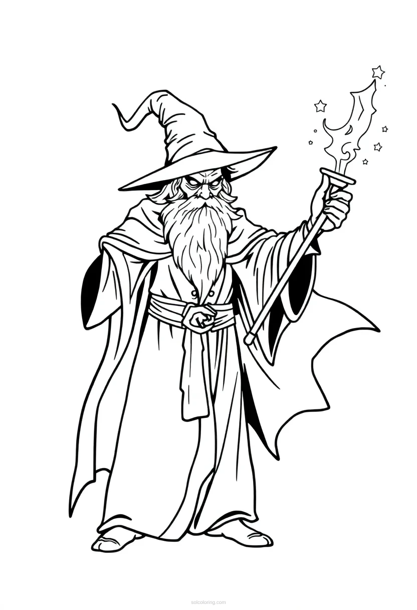Dark Wizard with Magic Staff coloring page for kids