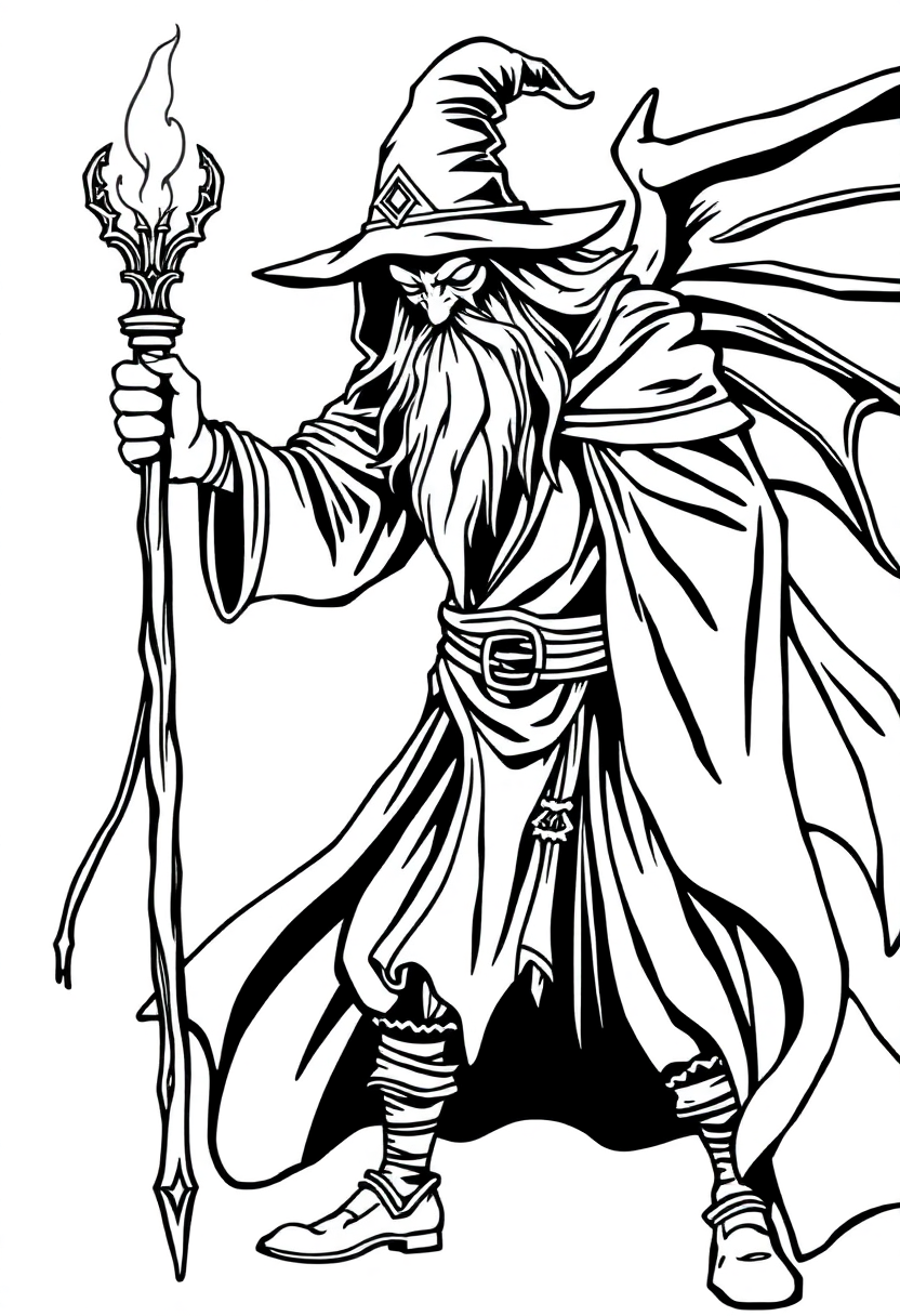 Dark Wizard with Magic Staff coloring page, free printable