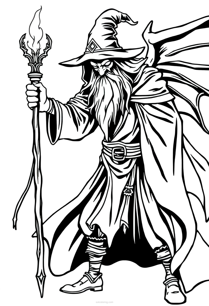 Dark Wizard with Magic Staff coloring page for kids