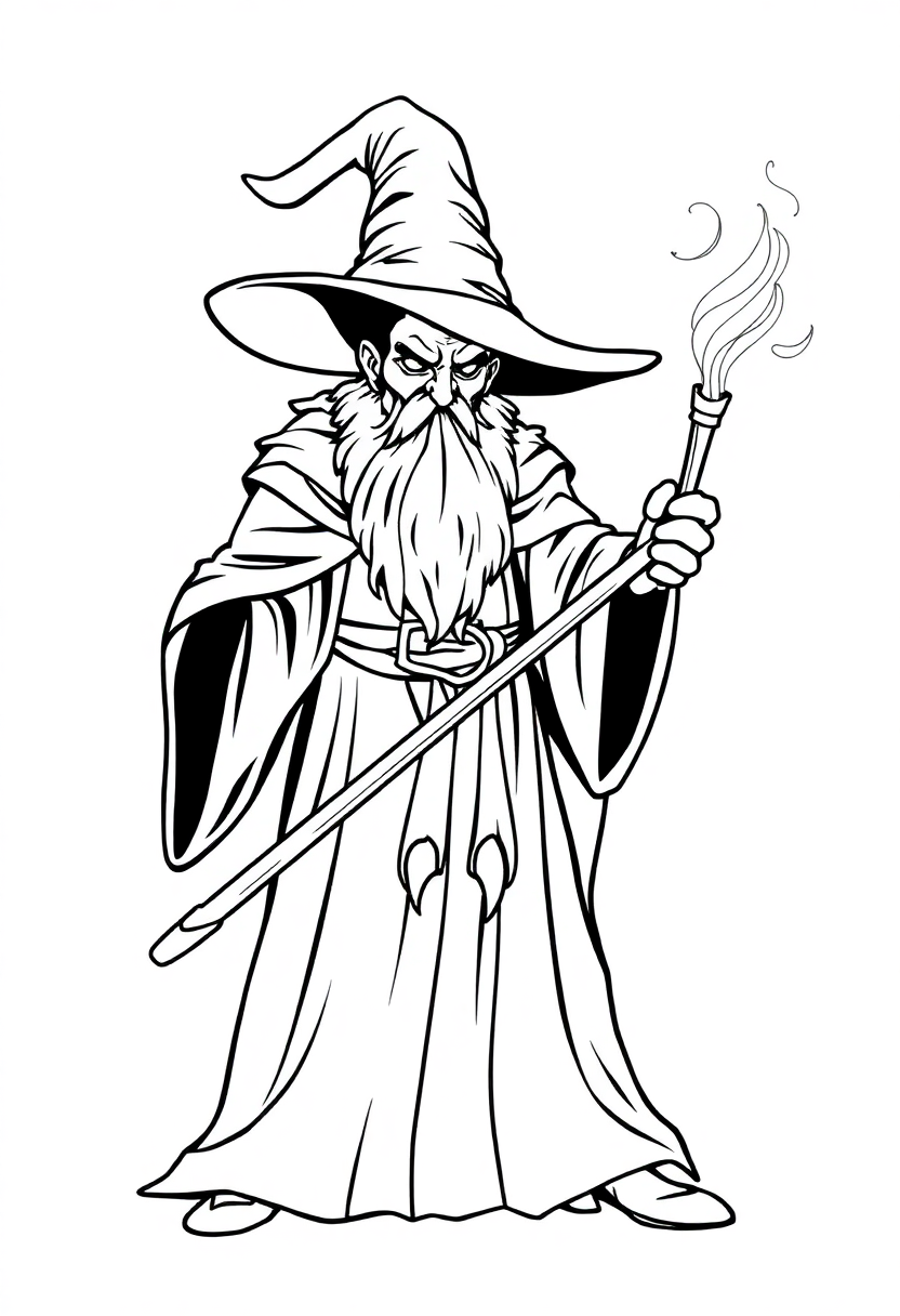 Dark Wizard with Magic Staff coloring page, free printable