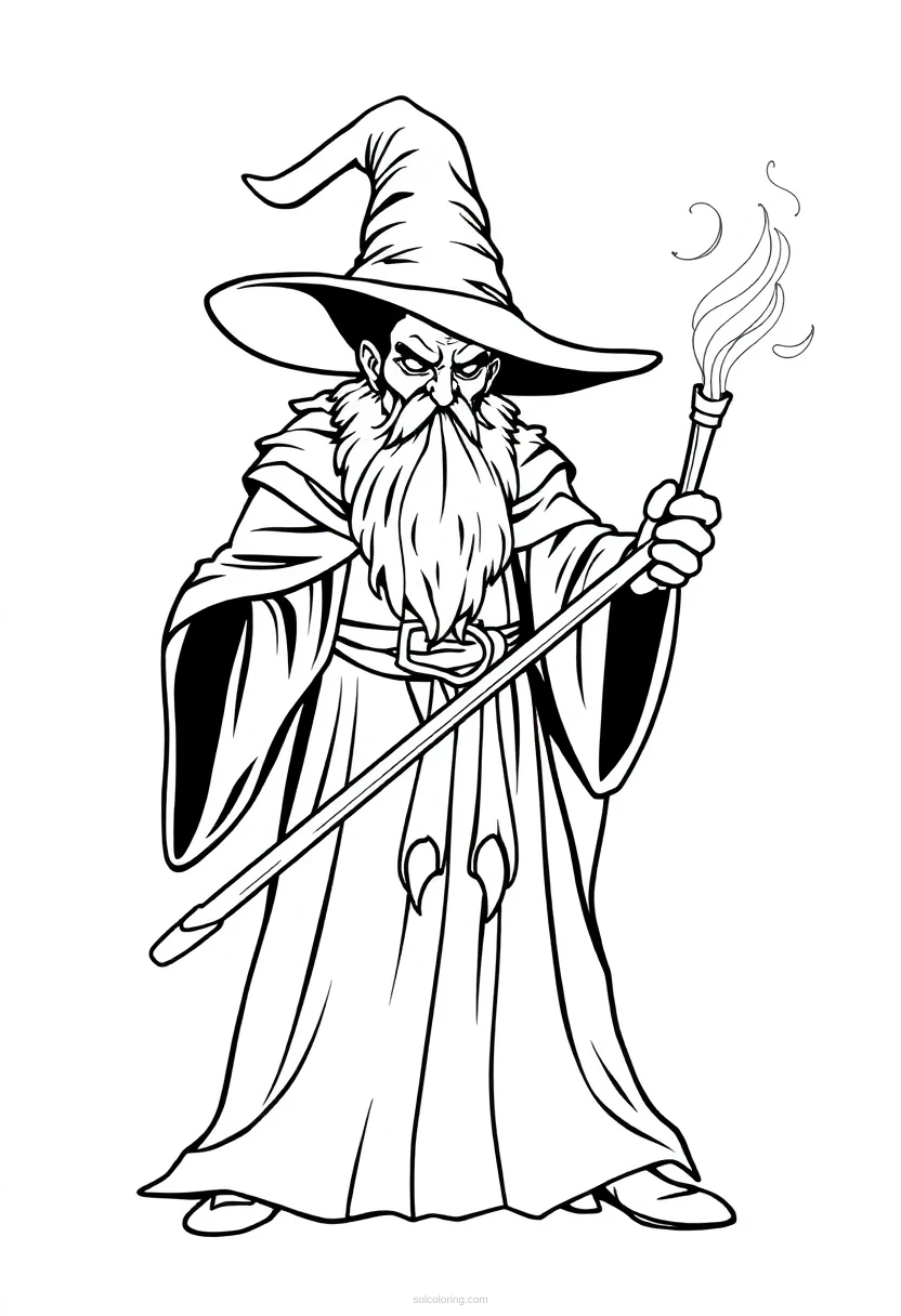 Dark Wizard with Magic Staff coloring page for kids