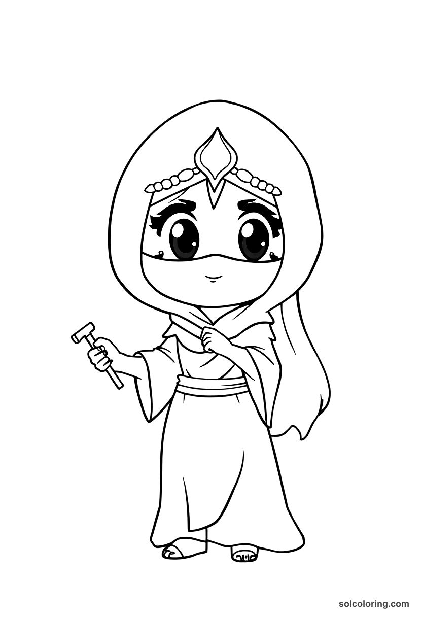 Chibi Delilah disguising herself to trick the merchants coloring page, free printable chibi style for kids and adults