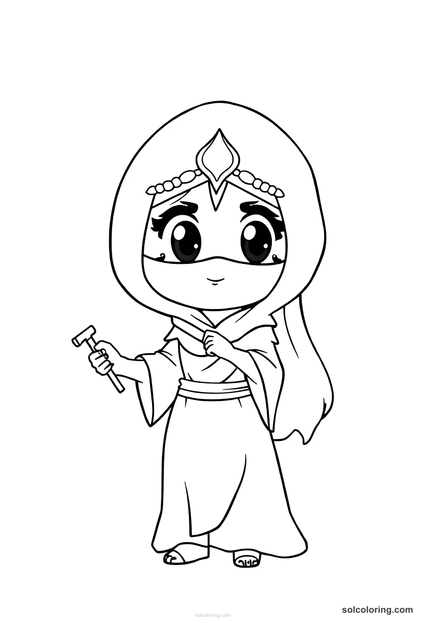Chibi Delilah disguising herself to trick the merchants chibi coloring page for kids