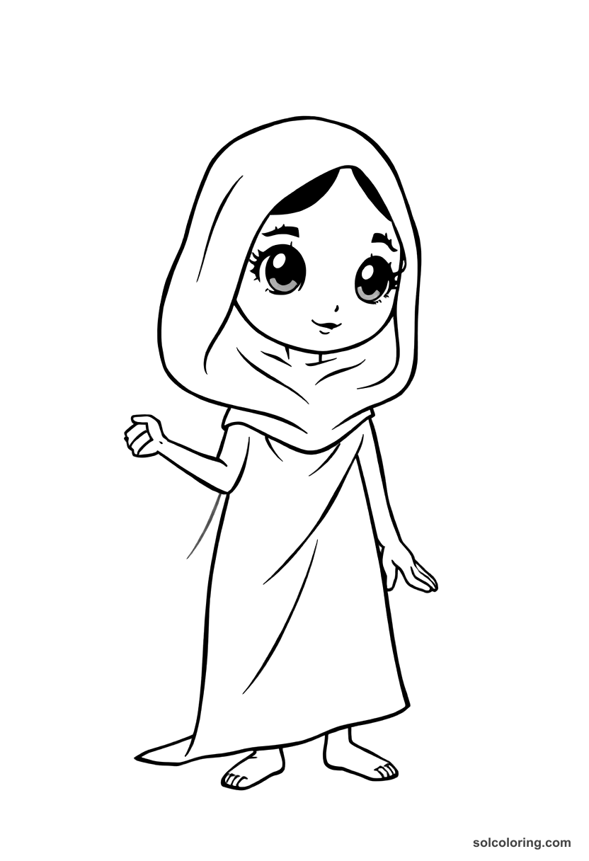 Cute Cartoon Delilah disguising herself to trick the merchants coloring page, free printable cute cartoon style
