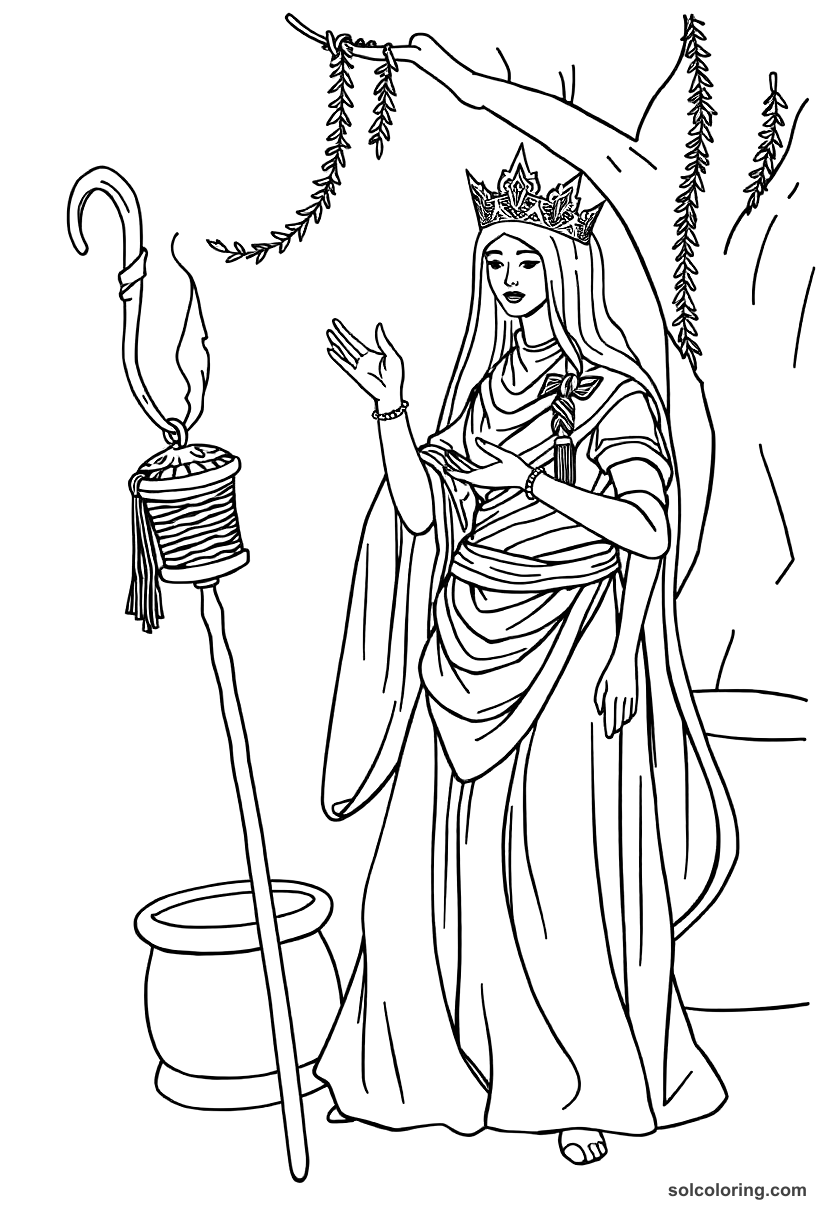 Delilah disguising herself to trick the merchants coloring page, free printable detailed style