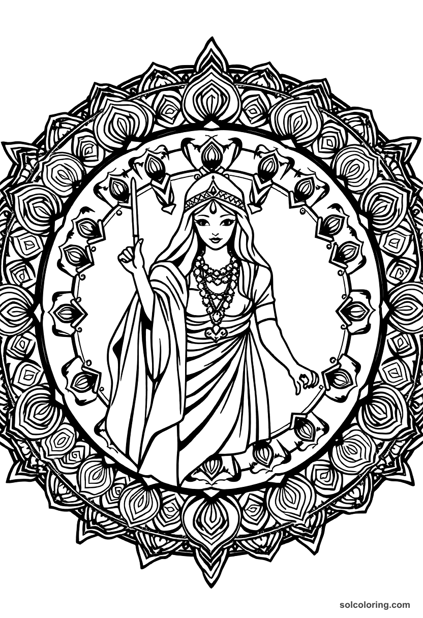 Mandala Delilah disguising herself to trick the merchants coloring page, free printable mandala style