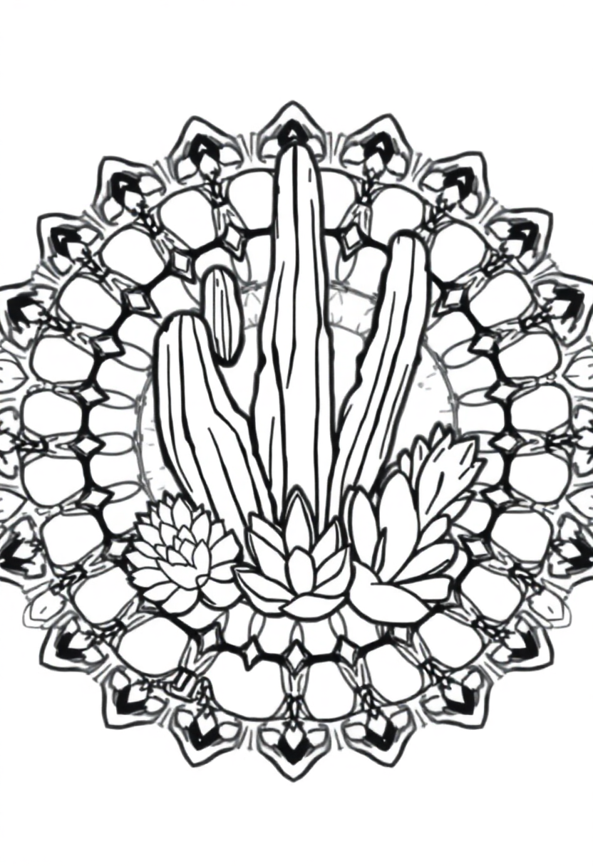 Desert Cactus and Succulent Mandala coloring page for kids