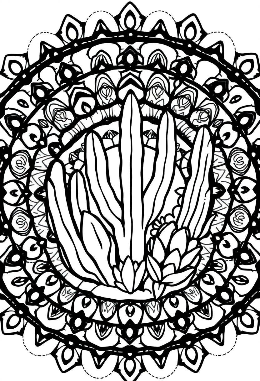 Desert Cactus and Succulent Mandala coloring page for kids