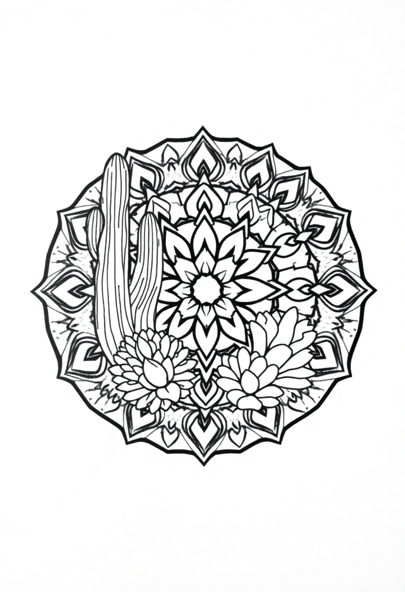 Desert Cactus and Succulent Mandala coloring page for kids