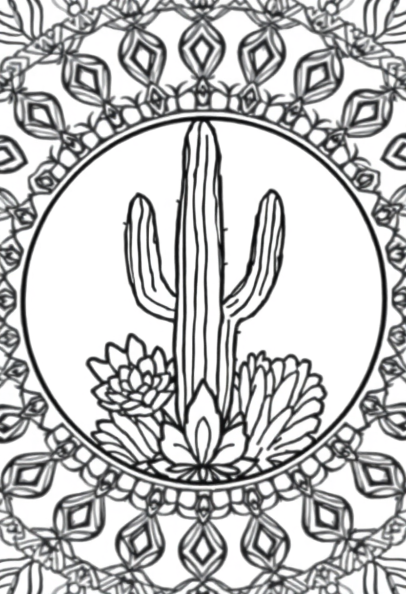 Desert Cactus and Succulent Mandala coloring page for kids