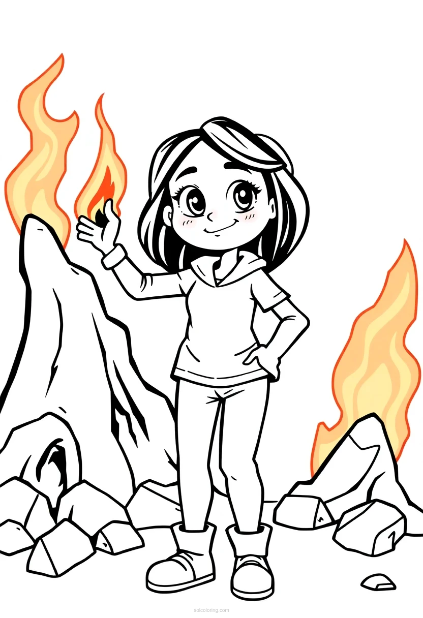 Disaster Girl Standing by Fire coloring page for kids