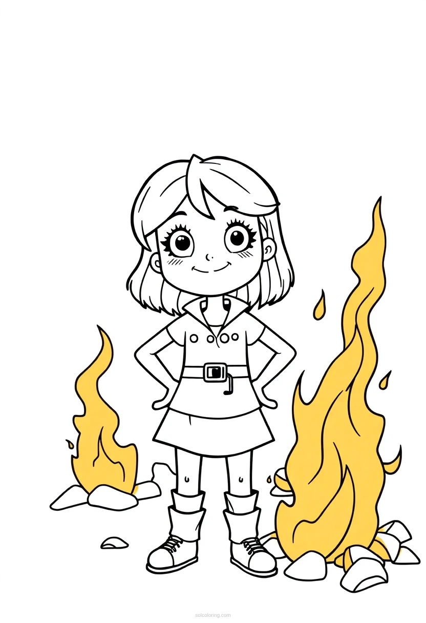 Disaster Girl Standing by Fire coloring page for kids