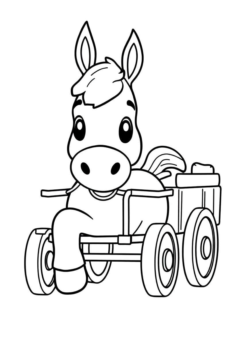 Draft horse pulling wooden cart coloring page with cute cartoon style and bold black outlines for kids to color