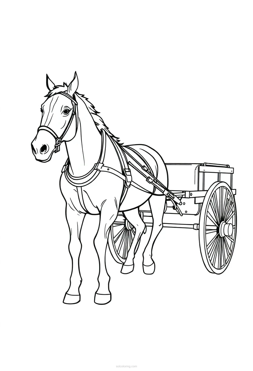 Draft Horse Pulling Cart coloring page for kids