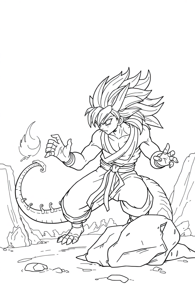 Dragon Ball Training Scene coloring page showing anime characters in martial arts training poses with bold outlines