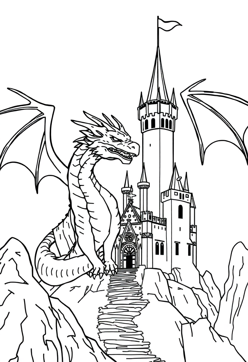 Dragon Castle Scene coloring page, free printable