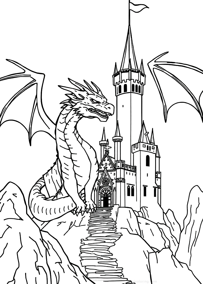 Dragon Castle Scene coloring page for kids