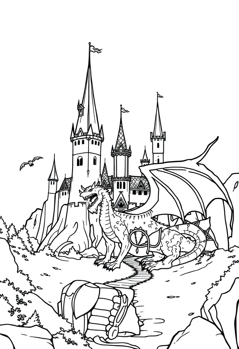 Dragon Castle Scene coloring page, free printable