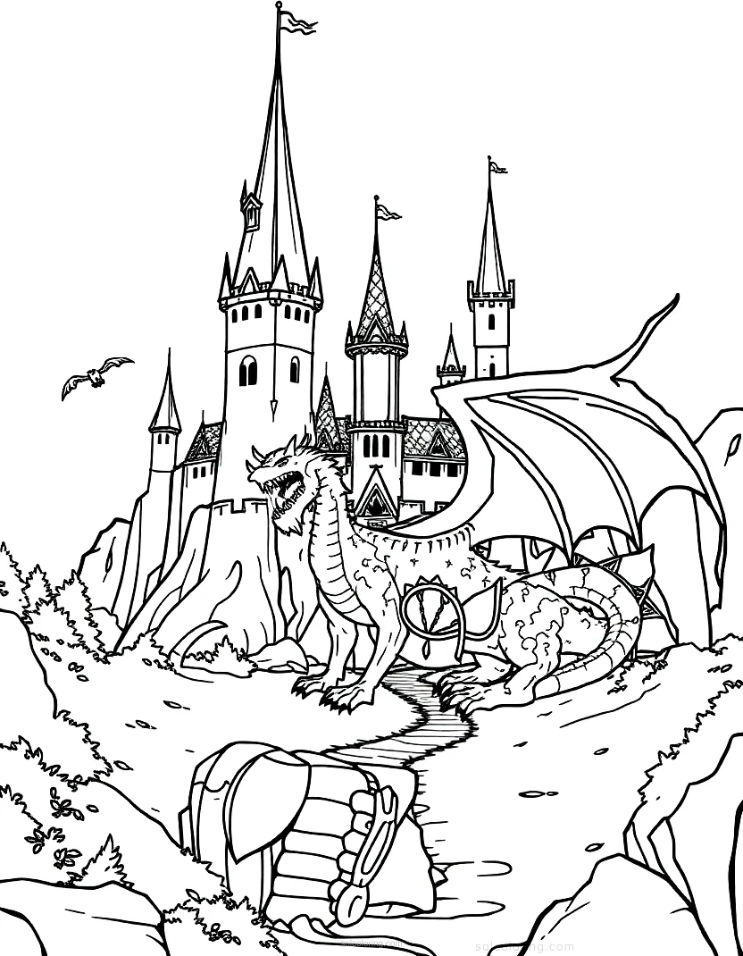 Dragon Castle Scene coloring page for kids
