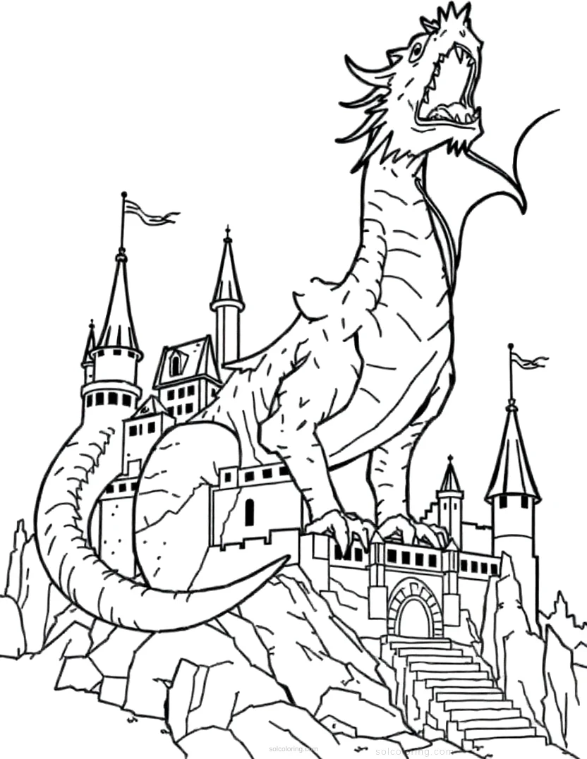 Dragon Castle Scene coloring page for kids