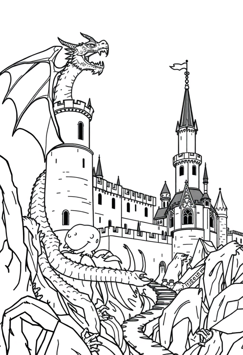 Dragon Castle Scene coloring page, free printable