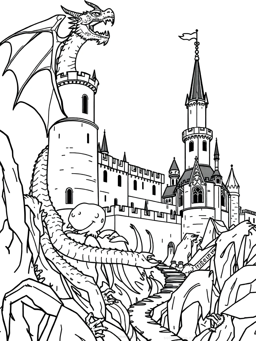 Dragon Castle Scene coloring page for kids