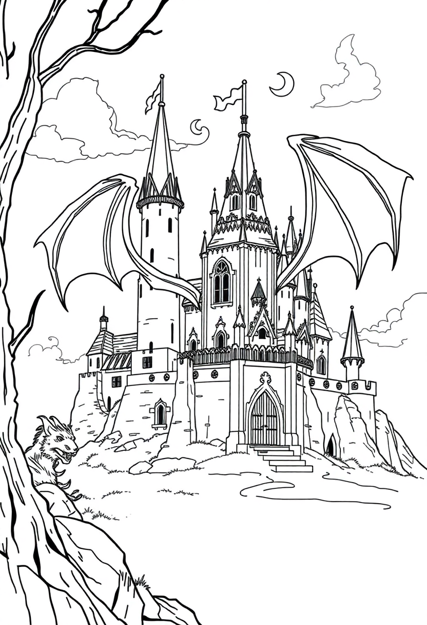 Dragon Castle Scene coloring pages