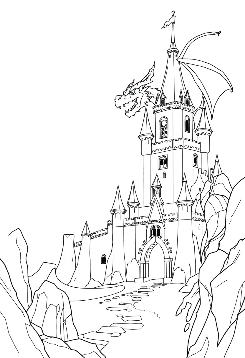 Dragon Castle Scene coloring page, free printable