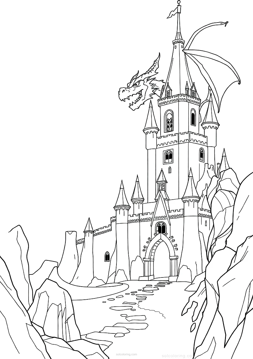 Dragon Castle Scene coloring page for kids